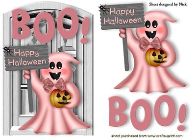 Cute Halloween Ghost with Boo! on Front Door