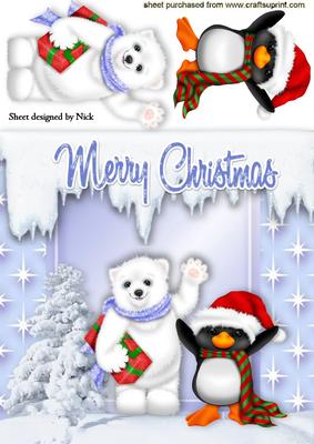Cute White Polar Bear and Penguin with Snowy Tree