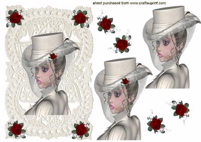 Elegant Victorian Ladies Head with Red Rose Embelsihments