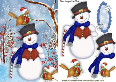 Snowman with Little Robins in the Snow