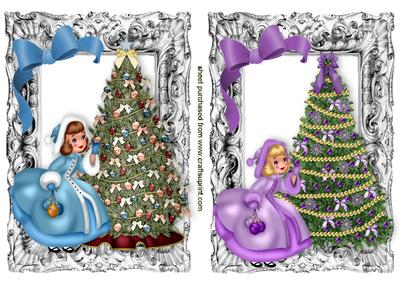 Little Girls with Christmas Trees in Frames Toppers