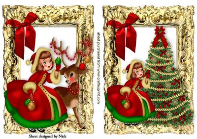 Little Girl with Reindeer and Christmas Tree Toppers
