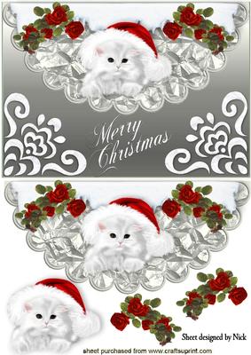 Kitten in Red Santa Hat with Roses Scalloped Envelope