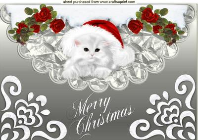 Cute Kitten in Red Santa Hat with Roses A4