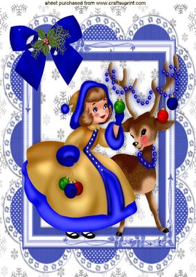 Little Girl with Reindeer Pretty in Blue A4
