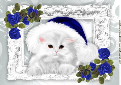	fluffy White Kitten in Blue Santa Hat with Blue Roses A4