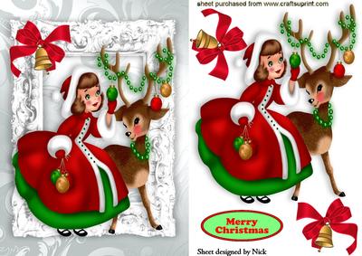 Little Girl in Red with Reindeer and Bell