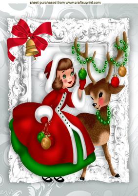 Little Girl in Red with Reindeer and Bell A4