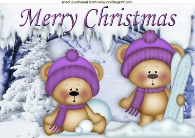 Cute Bears in Purple Playing in the Snow A4