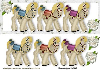 Three Little Velvet Ponies with White Roses Dl