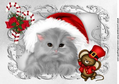 Fluffy Grey Kitten in Santa Hat with Mouse A4