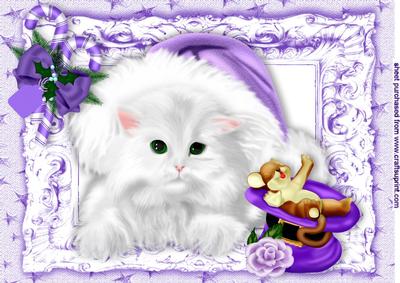 White Fluffy Kitten in Purple Santa Hat with Mouse in a Hat