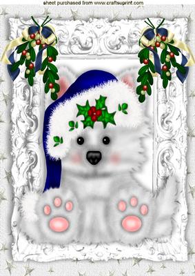 Little Puppy in Blue Santa Hat with Mistletoe A4