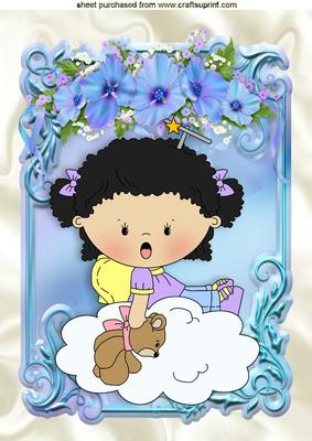 Little Angel Tot on a Cloud in Blue Flower Frame A4