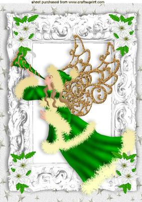 Pretty Angel in Green in Silver Frame with Corner Flowers A4