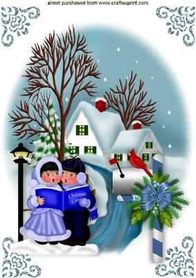 Snow Scene with Mail Box and Carol Singers A4