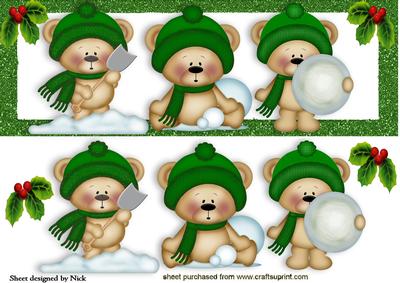 Cute Little Teddies in Green Playing in the Snow Dl