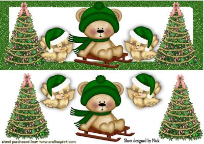 Little Teddy Bear with Christmas Trees and Robins Dl