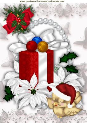Christmas Gift with Poinsettias, Bow and Robin A4