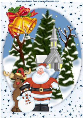Santa and Friends in Church Snow Scene with Bells A4