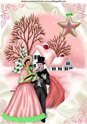 Vintage Couple Carol Singing with Snow Scene and Cottage A4