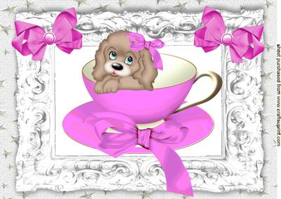 What a Cutie Puppy in a Teacup with Pink Bows A4