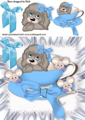 Cute Puppy in Teacup with Little Mice 8x8