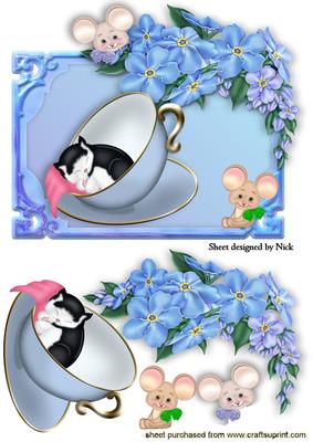 Little Kitten with Mice in Teacup in Floral Frame