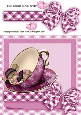 Little Mouse in a Teacup with Big Gingham Bow 8x8