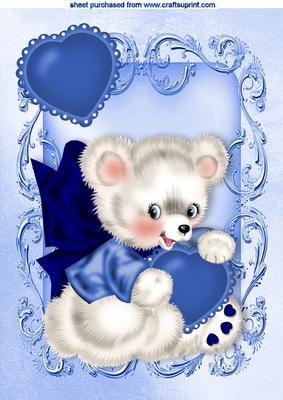 Cute Little Teddy Bear with Blue Bow and Hearts A4