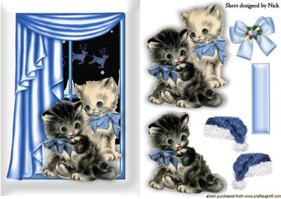 Kittens in the Window with Santa Hats and Bow