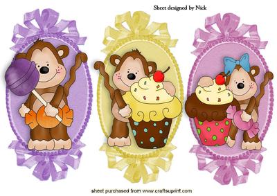 Three Cute Birthday Monkeys with Cake and Balloons Toppers