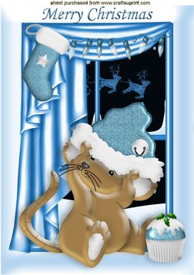 Cute Little Christmas Mouse with Cupcake and Stocking A4