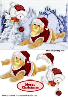 Cute Ginger Cat with Red Robin in the Snow