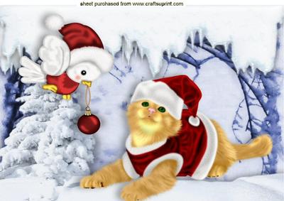 Cute Ginger Cat with Robin in the Snow A4