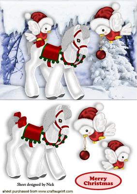 Little White Velvet Pony with Robins in the Snow
