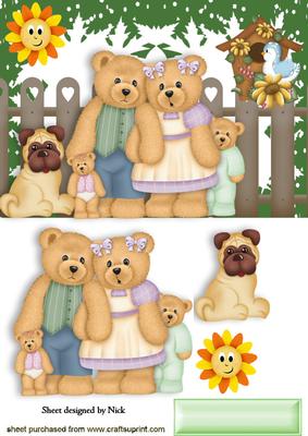 Teddy Bear Family with Little Pug and Birdhouse
