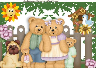Teddy Family in the Garden with Little Pug A4