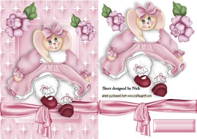 Cute Little Bunny Girl in Pink Star Frame with Roses