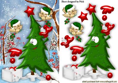 Funny Christmas Tree in the Snow with Robins