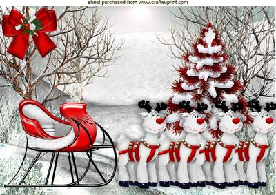 Reindeers and Santas Sleigh in Snow Scene A4