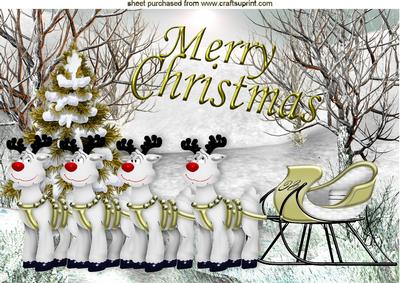 Gold Christmas Tree with Reindeers in Snow Scene A4