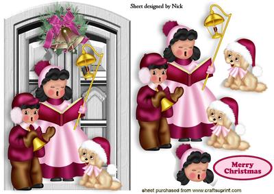Carol Singers in Pink with Little Dog and Door