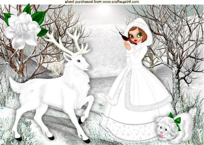 Pretty Lady in White with White Stag and Puppy A4