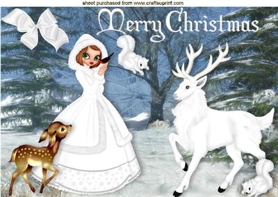 Pretty Lady in White Winter Scene with Animals A4