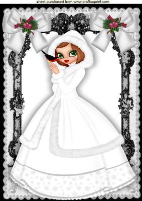 Pretty Lady in White with Little Bird in Lace Frame A4