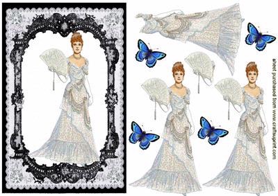 Elegant Victorian Lady in Ball Gown on Eye Catching Black Lace Frame