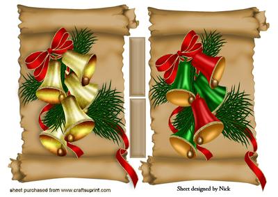 Vintage Christmas Bells on a Scroll with Bows Toppers