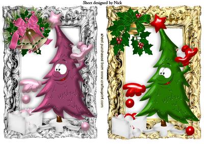 Two Funny Face Christmas Trees in Frames Toppers