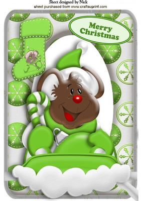Christmas Mouse in Green on Ski in the Snow A4